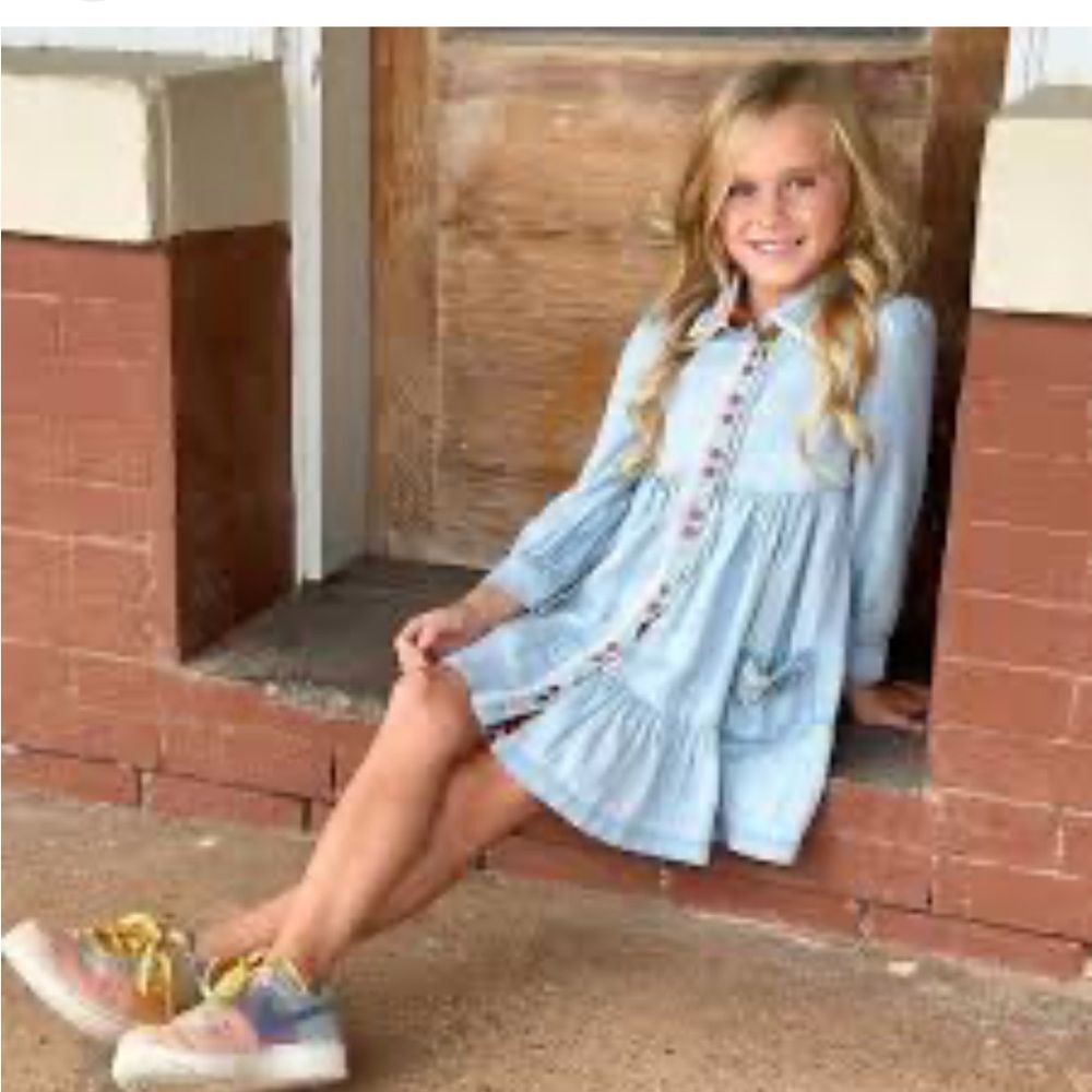 Matilda Jane Walk the Line Chambray Tiered Dress Lace Trim Girls 8